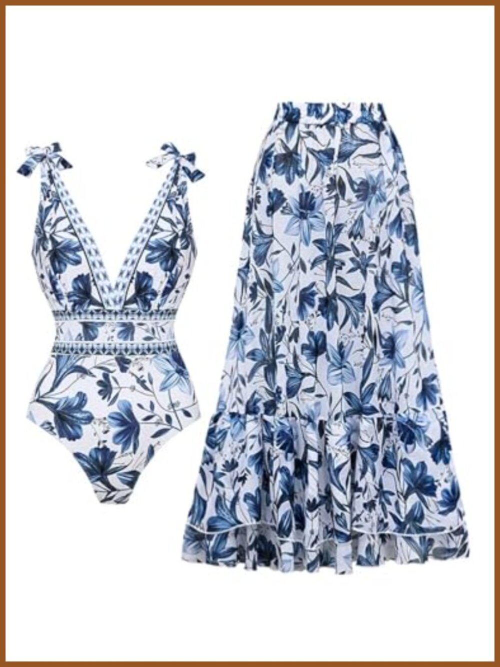 V Neck Lace Up One Piece Swimsuit with Skirt Sarong